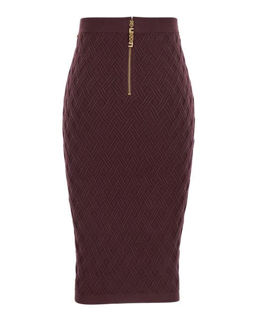 Elisabetta Franchi Purple Bordeaux Diamond Quilted Midi Skirt With Chain Belt On The Waist In Wool Woman