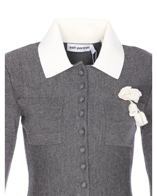 Self-Portrait Gray Crochet Flower Collared Knit Mini Dress