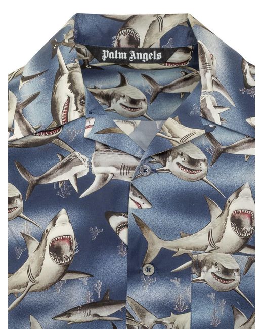 Palm Angels Blue Sharks Bowling Shirt for men