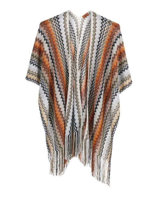 Missoni White Cape With Fringed Hem And All-Over Zig-Zag Motif