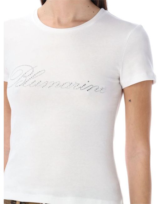 Blumarine White Rhinestones Logo T-Shirt