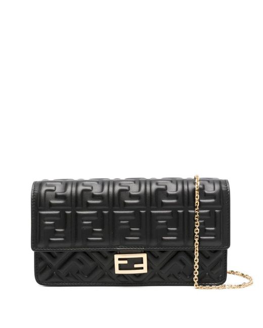 Fendi Black Baguette Leather Wallet On Chain