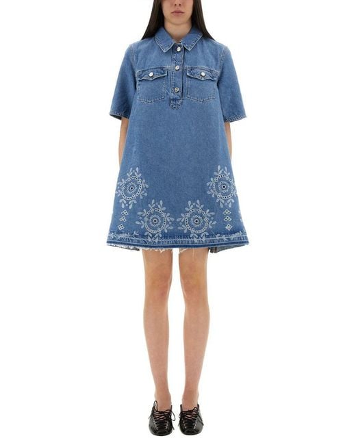 Ganni Blue Mini Dress With Sangallo Embroidery