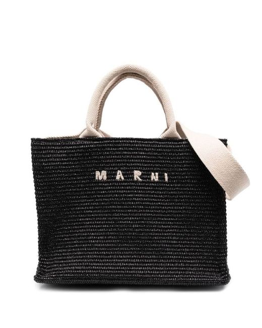 Marni Black Small Two-Tone Raffia Effect Fabric Tote Bag