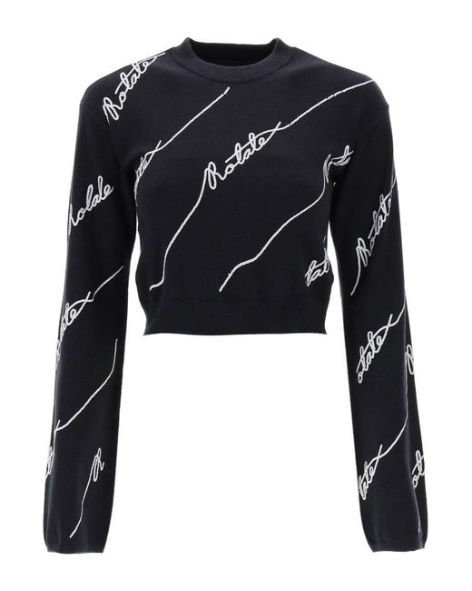 ROTATE BIRGER CHRISTENSEN Black Sequined Logo Cropped Sweater