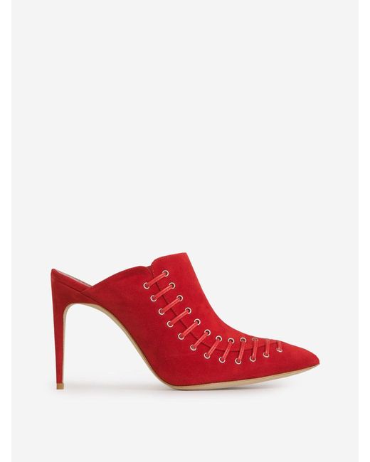 Manolo Blahnik Red Double Lace Mules