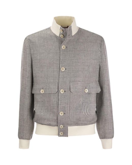 Brunello Cucinelli Gray Linen, Wool And Silk Checked Jacket for men
