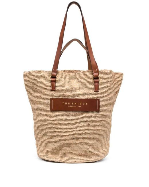 The Bridge Natural Beige Woven Wicker Tote Bag With Logo In Straw And Leather Woman