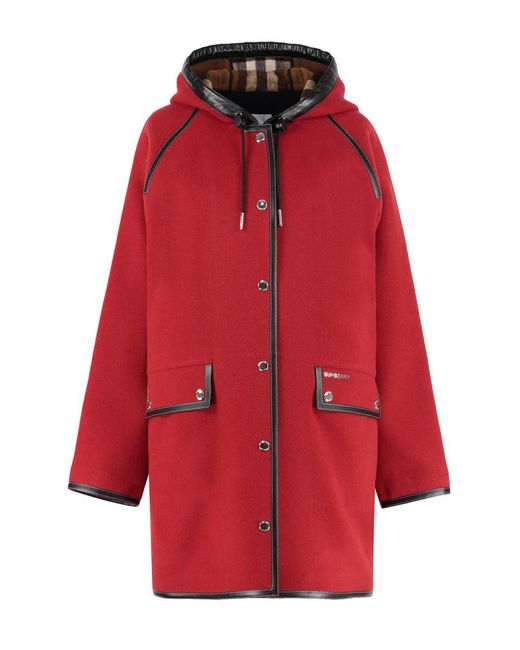 Burberry Red Hooded Wool Coat