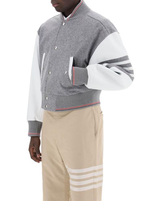 Thom Browne Gray Wool Bomber Jacket With Leather Sleeves And for men