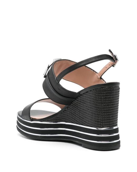 Liu Jo Black Leather Wedge Sandals With Logo Plate
