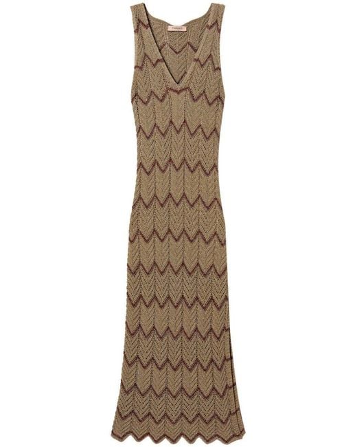 Twinset Natural Midi Dress With Zig Zag Motif With Slit