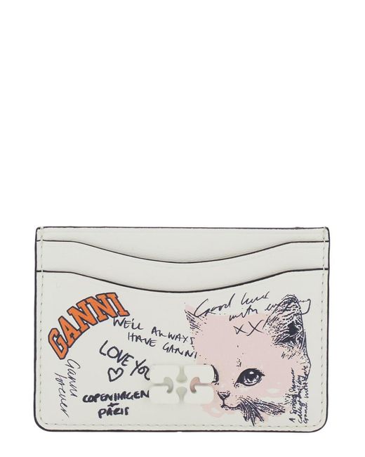 Ganni Gray Card Holder With Graphic Print On The Front