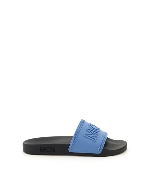 MCM Rubber Slides With Logo in Blue for Men - Lyst
