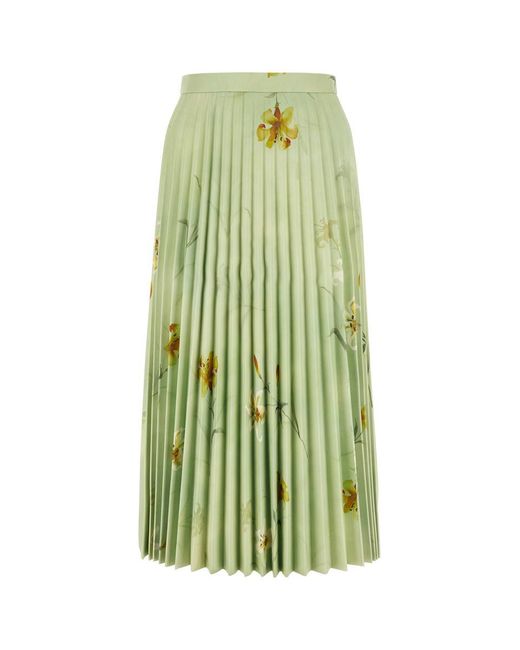 Balenciaga Green Floral-printed Plisse Leather Midi Skirt