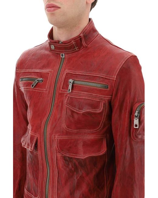 Dolce & Gabbana Multipocket Washed Leather Jacket in Red for Men