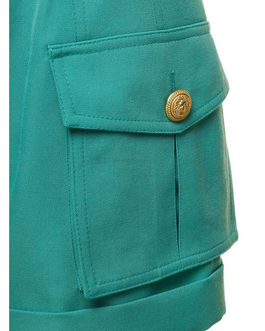 Balmain Green Light Shorts With Cuff And Jewel Buttons
