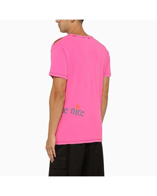 ERL Pink Crew Neck T Shirt With Wears for men