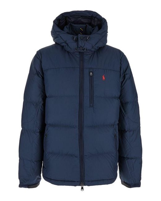 Polo Ralph Lauren Blue Down Jacket With Fixed Hood And Embroidered Pony Logo On Chest for men