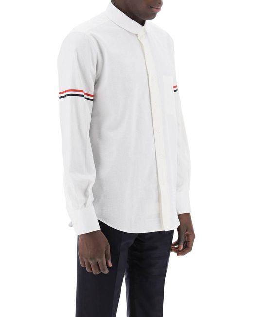 Thom Browne White Seersucker Shirt With Rounded Collar for men