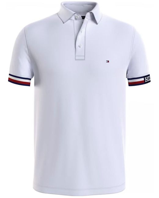 Tommy Hilfiger White Monotype Flag Flag Cuff Slim Fit Polo Shirt for men