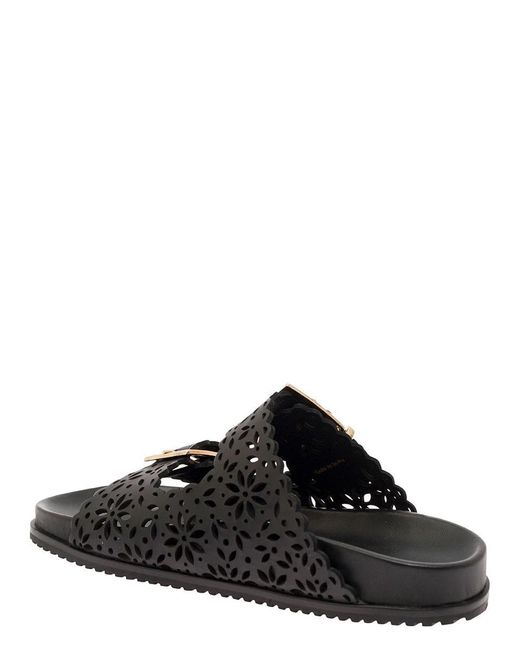 Twin Set Black Slip-On Slippers With Lace Effect Leather