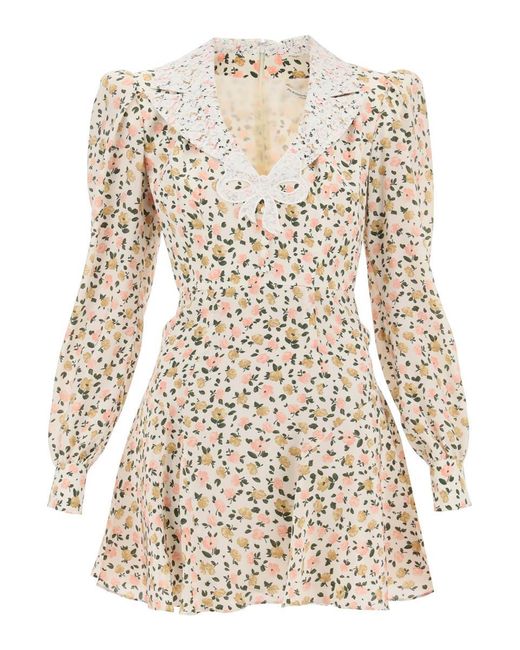 Alessandra Rich Natural Flower Print Silk Short Dress