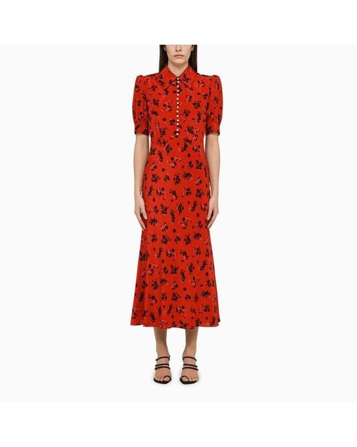 Alessandra Rich Red Floral-print Fla-hem Silk Midi Dress