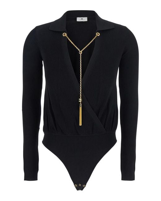 Elisabetta Franchi Blue Wraparound Bodysuit With Chain Embellishment On The Front