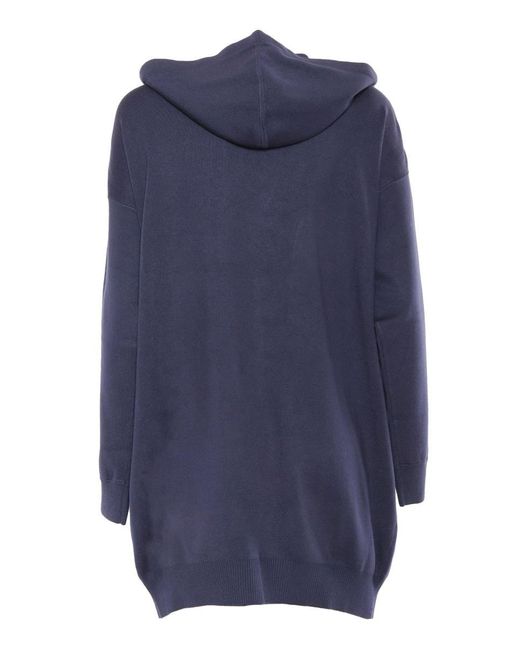 Elisabetta Franchi Blue Knitted Dress With Hood And Bold Branding