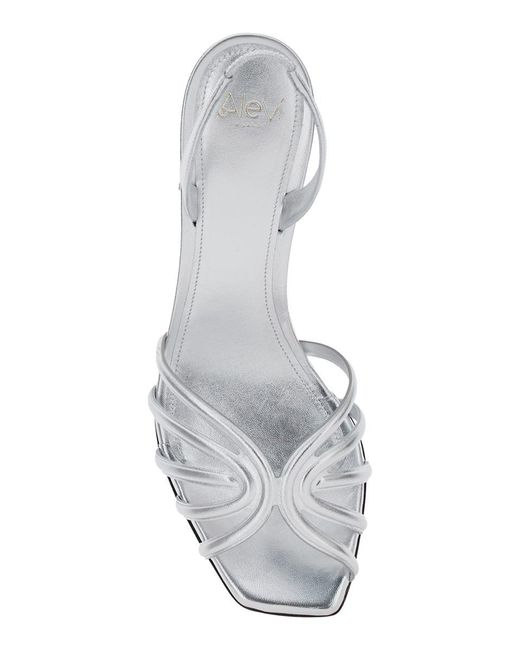 ALEVI White 'Tara' Metallic Sandals With Elastic Ankle Strap And Block Heel