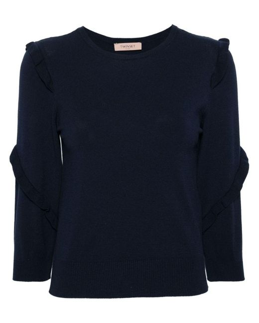Twin Set Blue Viscose Sweater With Ruffled Crew Neck