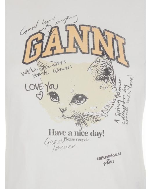Ganni White Crewneck T-Shirt With Maxi Logo On The Front