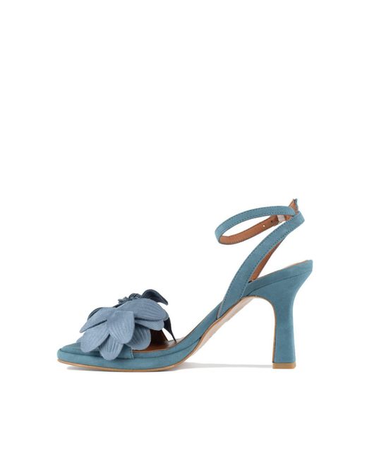 Angel Alarcon Blue Fleur Heeled Sandal With Suede Floral Trim