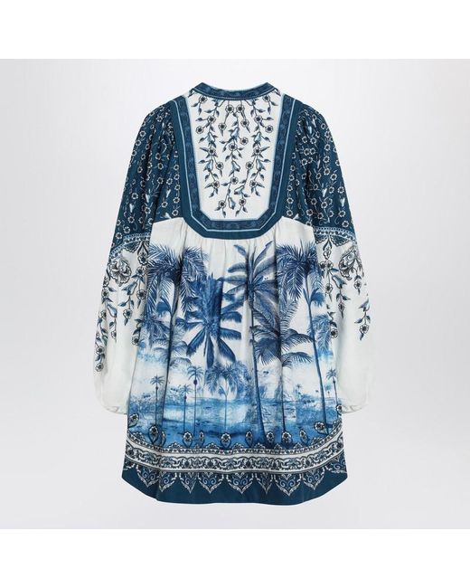 Farm Rio Blue Linen-Blend Dress With Palm Print