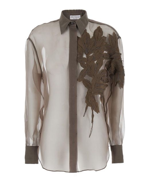 Brunello Cucinelli Gray Shirt With Semi-Transparent Design And Embroidery On The Front