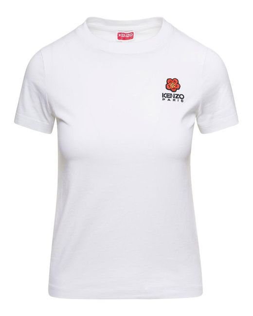 KENZO White Crewneck T-shirt With Logo Embroidery In Cotton Woman