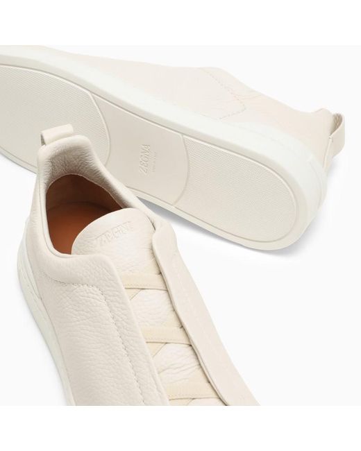 Zegna White Triple Stitch Leather Sneakers for men