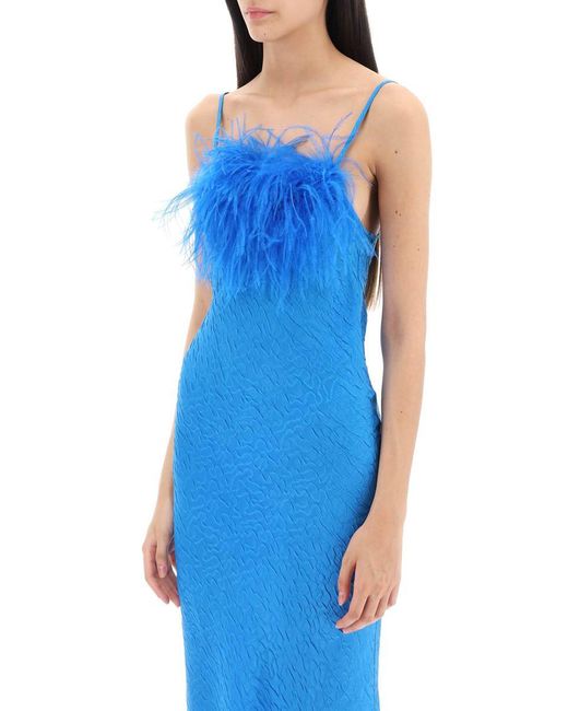 Art Dealer Blue 'ella' Maxi Slip Dress In Jacquard Satin With Feathers