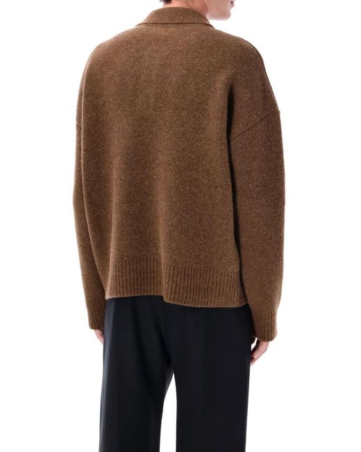AMI Brown Wool Polo Sweater With De Coeur Logo for men