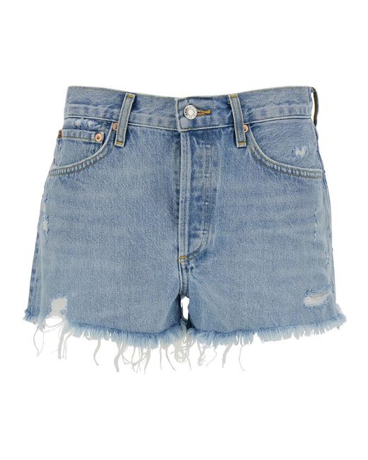 Agolde 'parker' Light Blue Shorts With Rips And Raw-edged Hem In Cotton Denim Woman