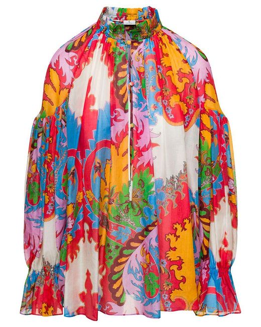 Etro Red Multicolor Blouse With Puff Sleeves And All-over Graphic Print In Silk And Cotton Blend Woman