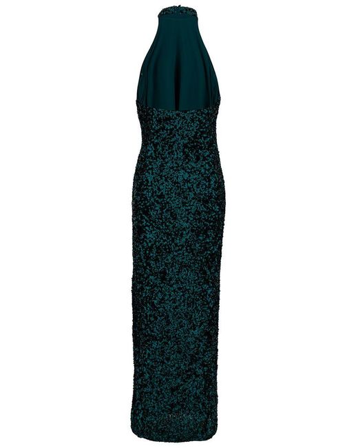 ROTATE BIRGER CHRISTENSEN Blue Long Green Halterneck Dress With All-over Paillettes In Recycled Fabric Woman