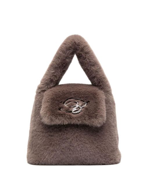 Blumarine Brown Faux Fur Mini Bag With Flap And Logo