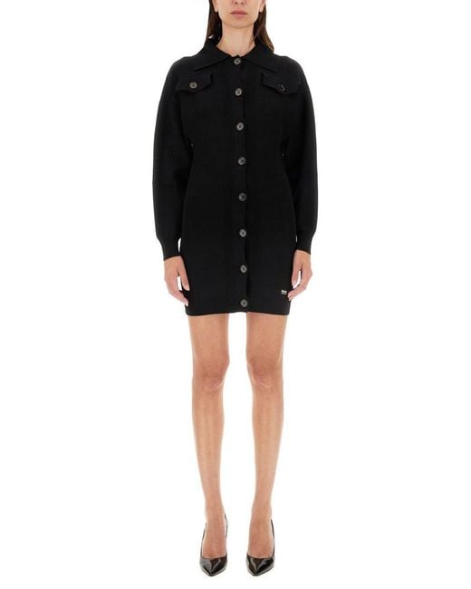 Moschino Black Ribbed Mini Dress With Button-Down Front