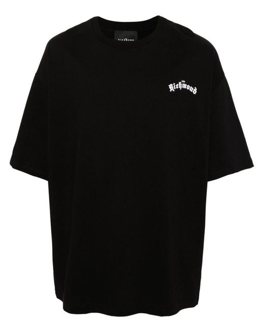 John Richmond Black Cotton T-Shirt With Logo Print for men