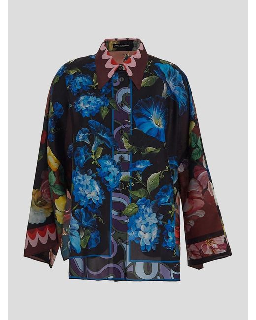 Dolce & Gabbana Blue Oversize Silk Shirt With Floral