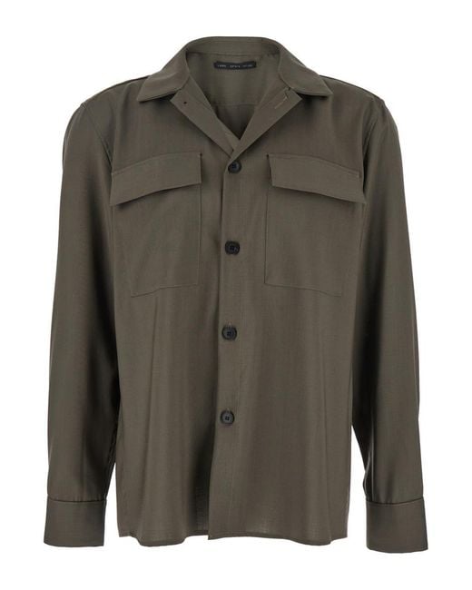 Low Brand Green Shirt With Classic Collar And Applied Pockets On The Front In Fabric Man for men