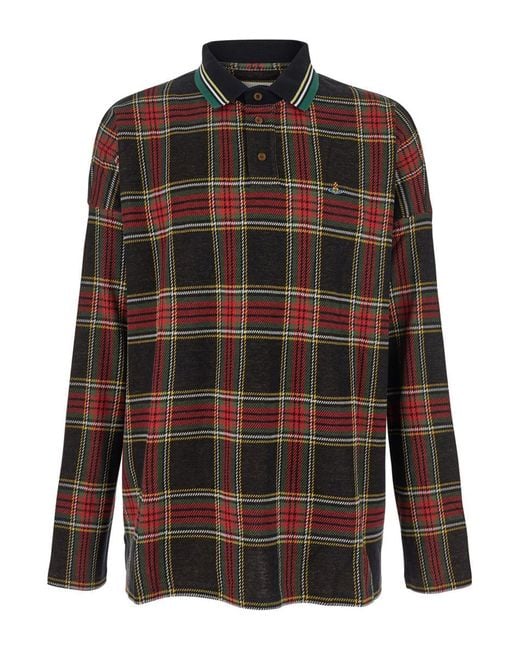 Vivienne Westwood Black Polo Shirt With Orb Decoration On The Chest And All-Over Tartan Motif for men