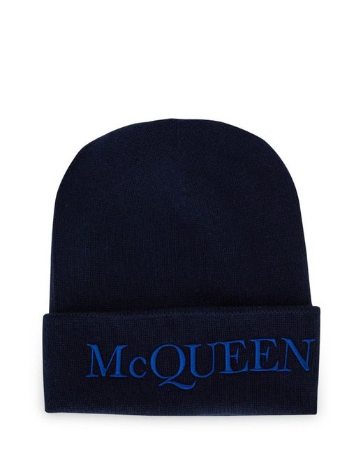 Alexander McQueen Blue Logo Embroidered Knitted Beanie for men